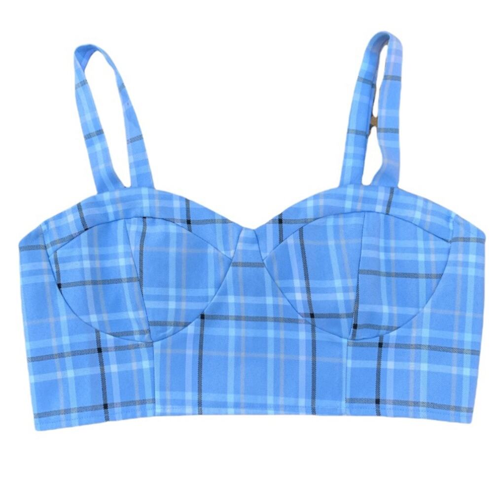 Hesperus Blue Plaid Crop Top XL Y2K Bustier Corset Tank Zip Back Retro Grunge - Picture 8 of 8